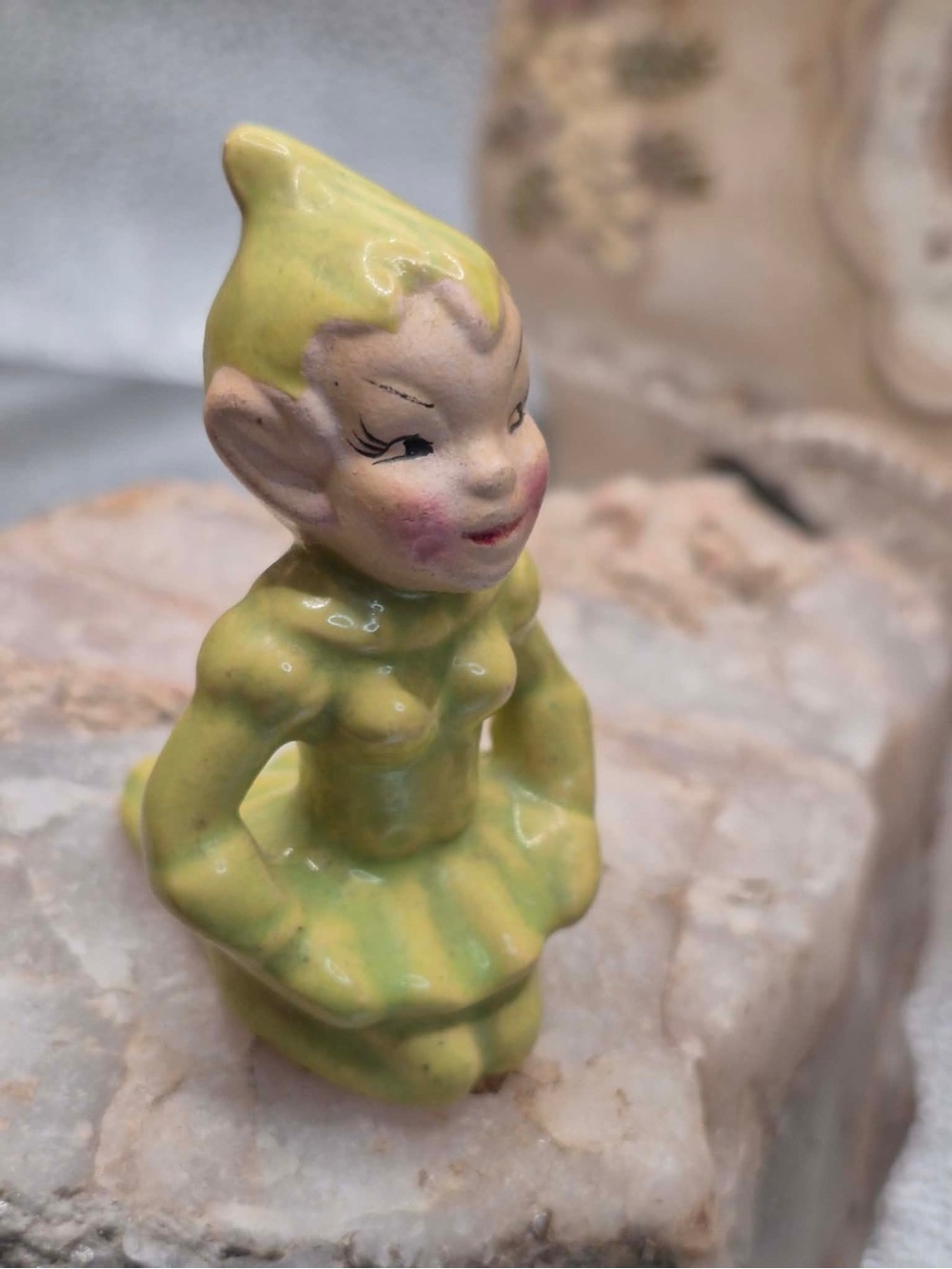 MCM Vintage Green Chartreuse Gilner Pixie - 1950s Miniature Elf with Leaf Hat